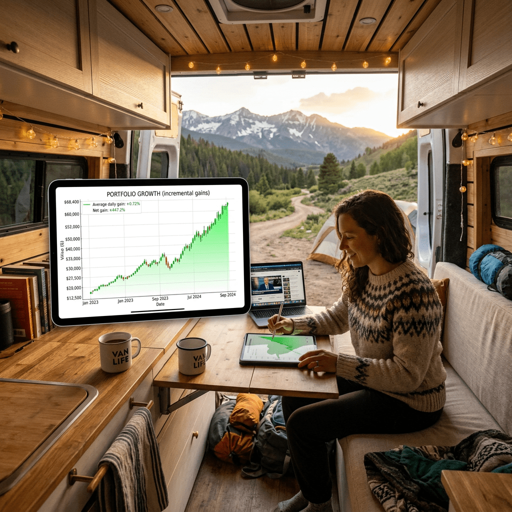 Woman analyzing portfolio growth graph on tablet inside camper van with mountains outside