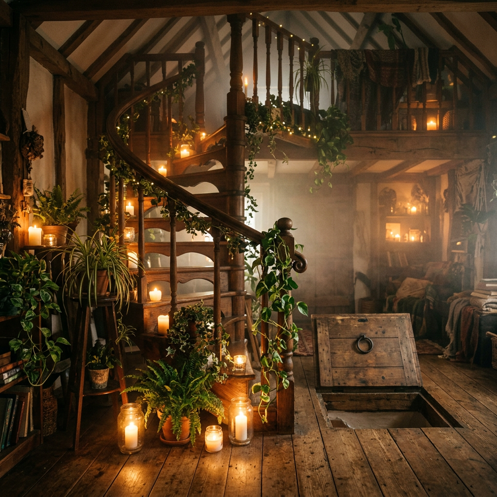 Candlelit interior, spiral loft staircase, plants, trapdoor, fog