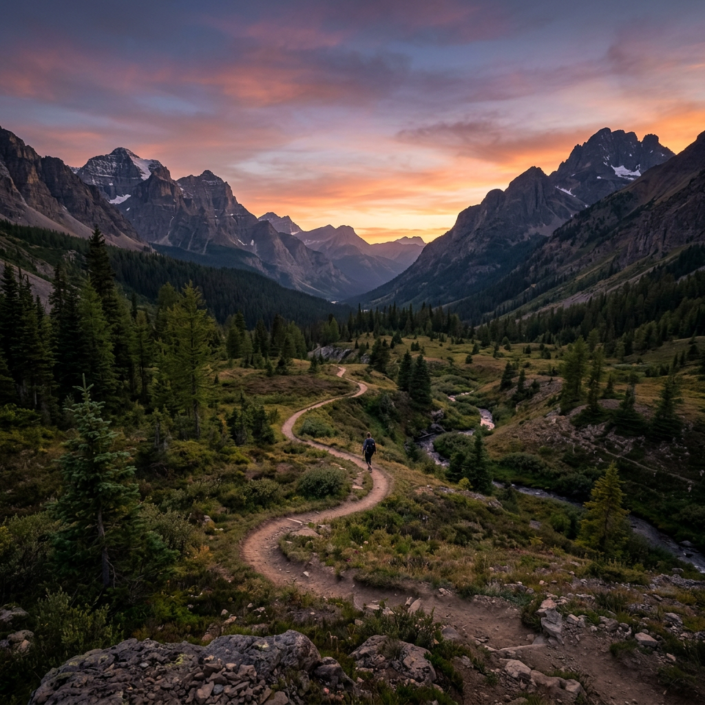 Winding valley trail at dusk mountains