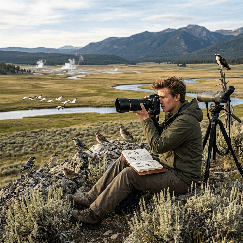 Person photographing birds with camera and bird guide in a mountain valley