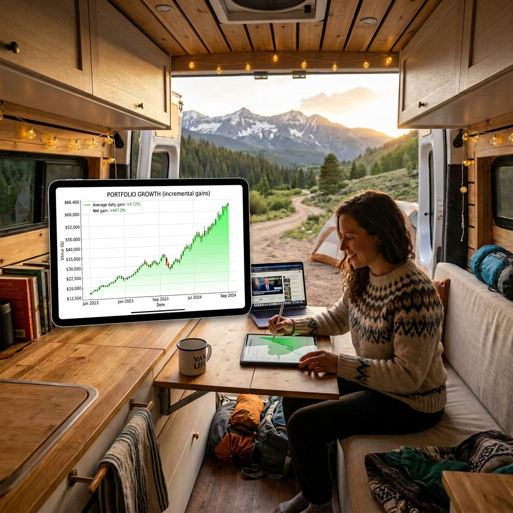 Woman analyzing portfolio growth graph on tablet inside camper van with mountains outside