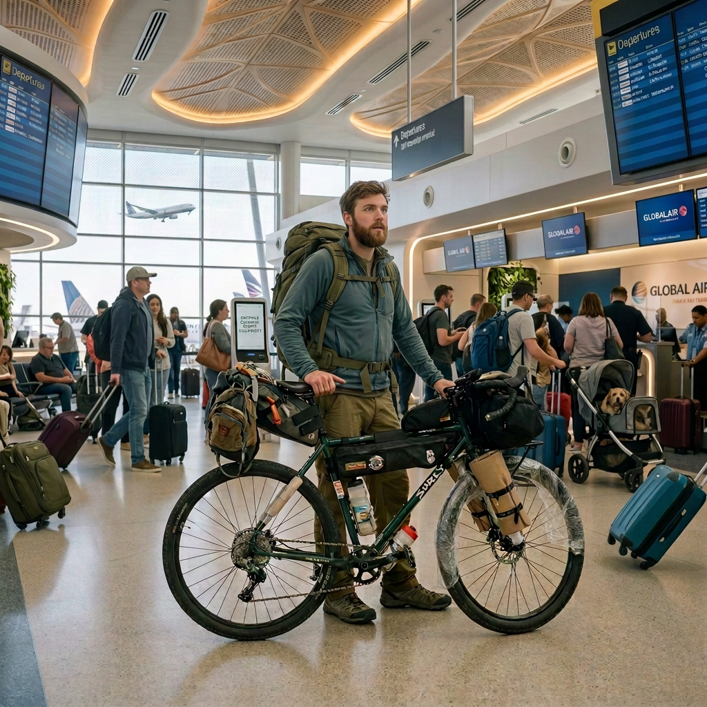 Man with loaded touring bicycle standing in airport terminal near check-in counters and baggage drop signs