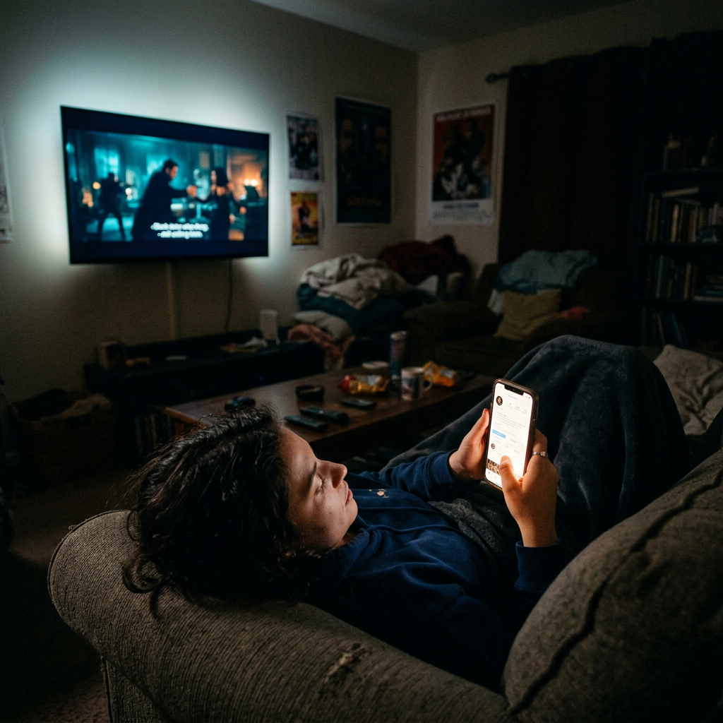 Person lying on a couch looking at a phone with a movie playing on TV in a dimly lit room