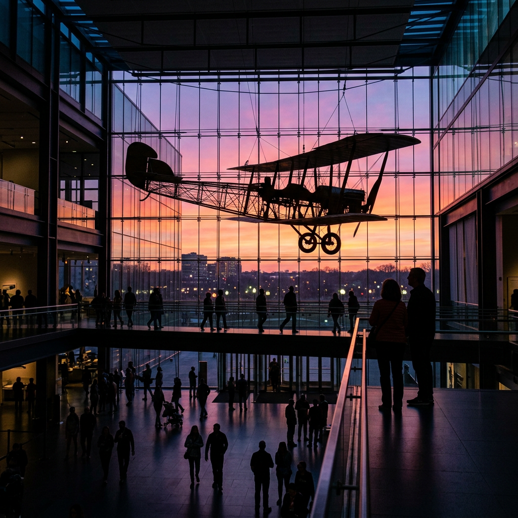 Dusk museum silhouette by suspended airplane sculpture