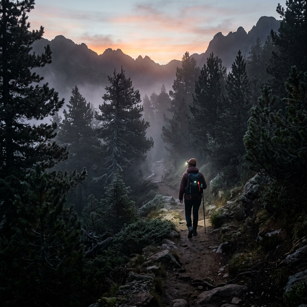 Hiker walking a rocky forest trail beneath misty mountain peaks at sunset